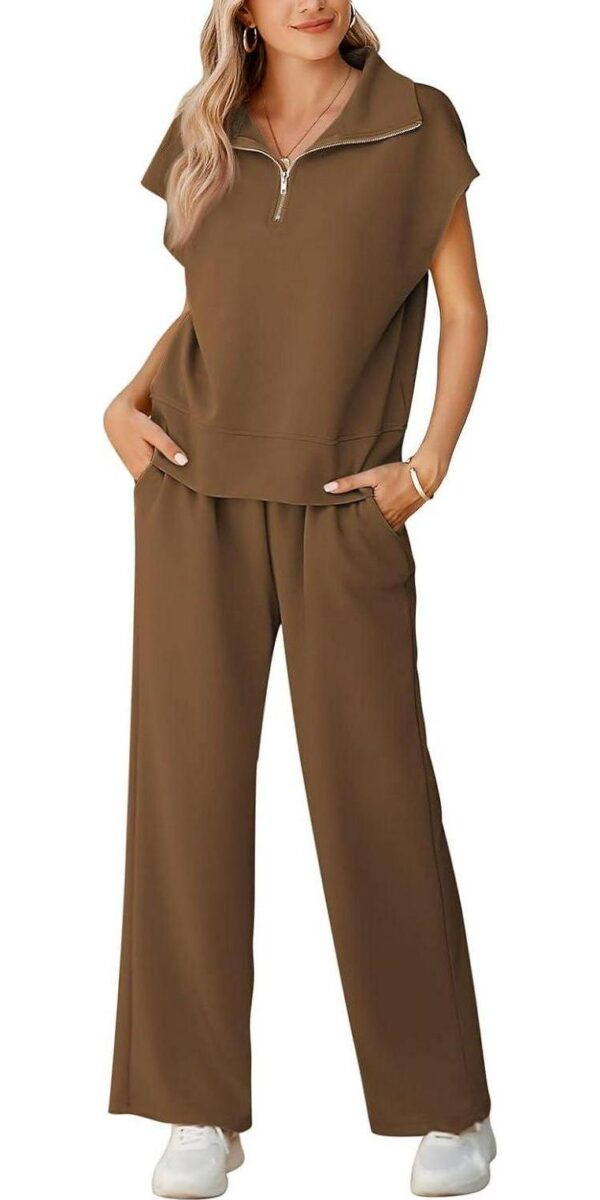 Pink Queen Womens Two Piece Outfits Sleeveless Pullover Tops and Wide Leg Pants Half Zip Jogger Lounge Sets