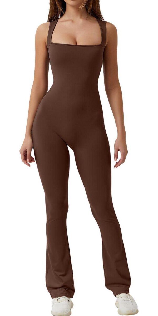 QINSEN Black Jumpsuit for Women Sleeveless Sexy Suqare Neck Stretch Flare Leggings Romper Unitard