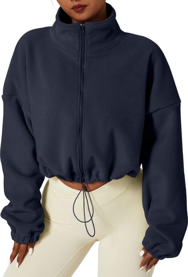 QINSEN Women's Full Zip Fleece Short Jacket Warm Winter Long Sleeve Stand Collar Sherpa Crop Coat