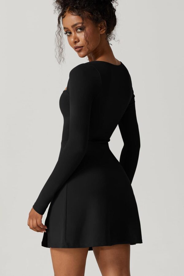 QINSEN Womens Square Neck Bodice Dress Long Sleeve Side Slit Flare Mini Dresses - Image 4