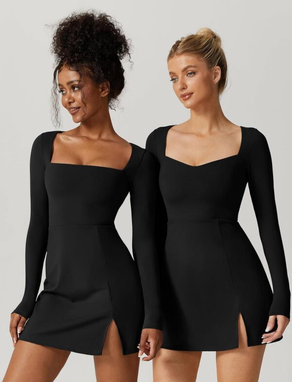 QINSEN Womens Square Neck Bodice Dress Long Sleeve Side Slit Flare Mini Dresses - Image 6