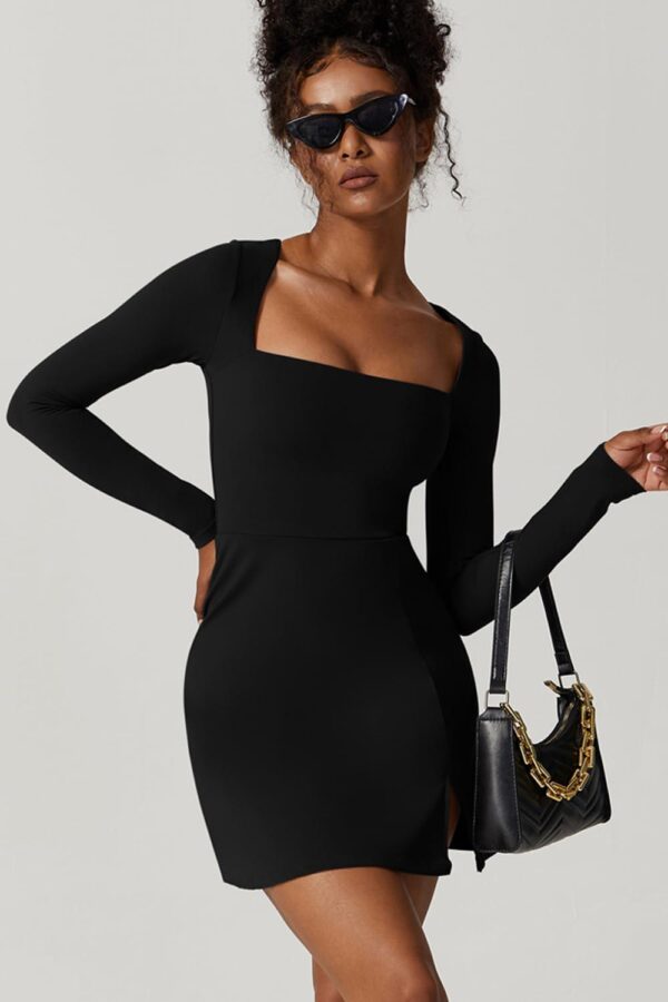 QINSEN Womens Square Neck Bodice Dress Long Sleeve Side Slit Flare Mini Dresses - Image 5