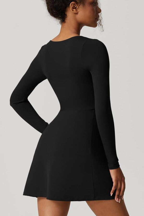 QINSEN Womens Square Neck Bodice Dress Long Sleeve Side Slit Flare Mini Dresses - Image 2