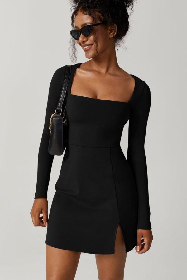 QINSEN Womens Square Neck Bodice Dress Long Sleeve Side Slit Flare Mini Dresses - Image 3