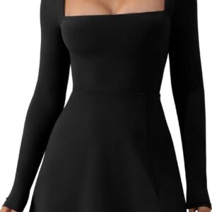 QINSEN Womens Square Neck Bodice Dress Long Sleeve Side Slit Flare Mini Dresses