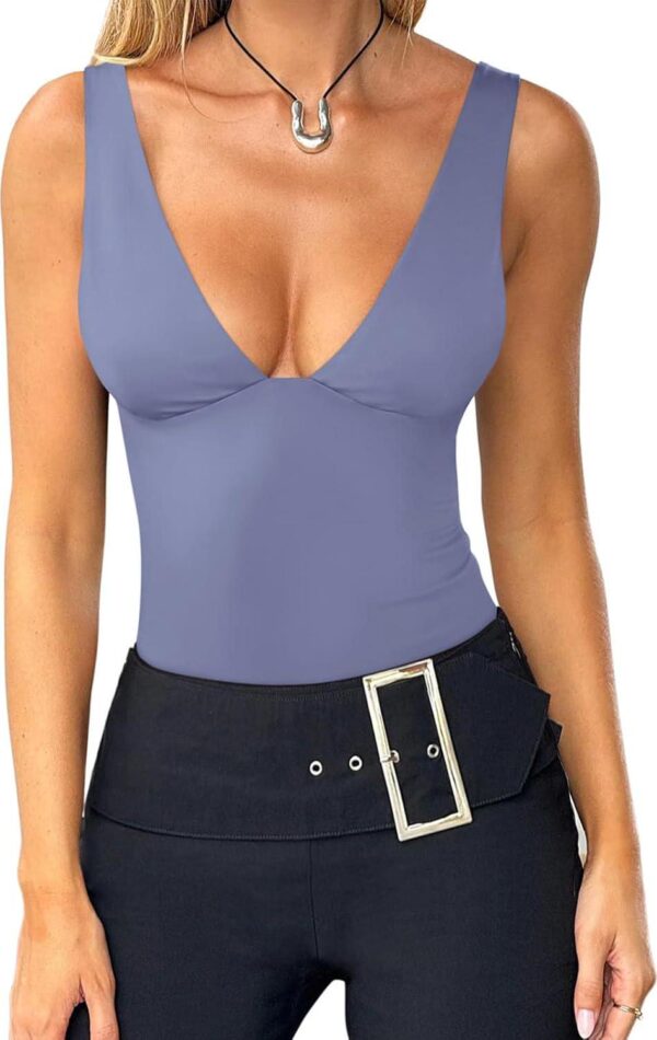 REORIA Women s Butsmooth Sexy Plunge Deep V Neck Sleeveless V Backless Trendy Y2k Going Out Bodysuits Tank Tops - Image 4