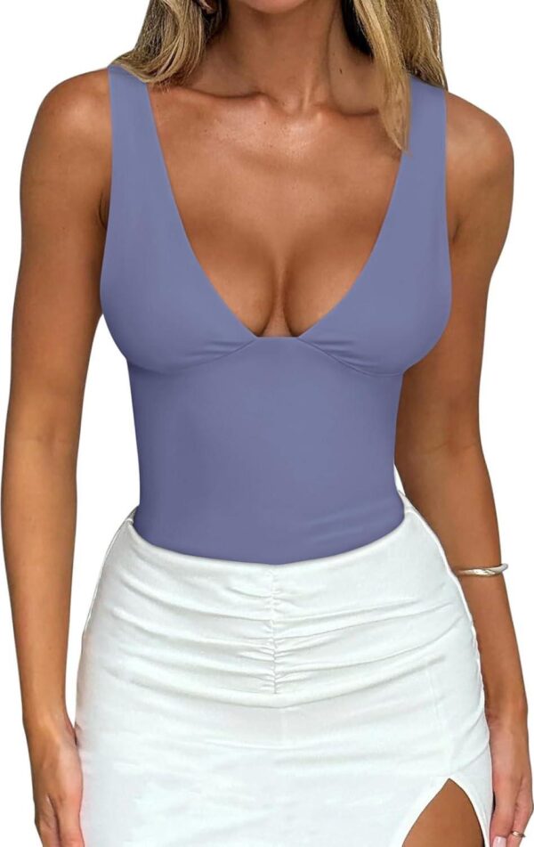 REORIA Women s Butsmooth Sexy Plunge Deep V Neck Sleeveless V Backless Trendy Y2k Going Out Bodysuits Tank Tops