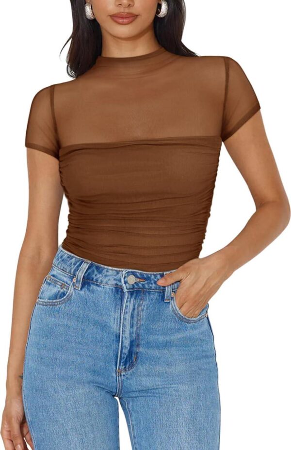 REORIA Women's Sexy Mock Turtle Neck Short Sleeve Shirts Sheer Mesh Ruched Trendy Going Out Bodysuits Tops - Image 4