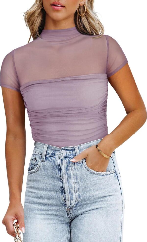 REORIA Women's Sexy Mock Turtle Neck Short Sleeve Shirts Sheer Mesh Ruched Trendy Going Out Bodysuits Tops - Image 3