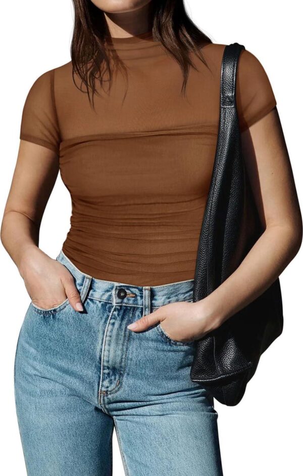 REORIA Women's Sexy Mock Turtle Neck Short Sleeve Shirts Sheer Mesh Ruched Trendy Going Out Bodysuits Tops - Image 5