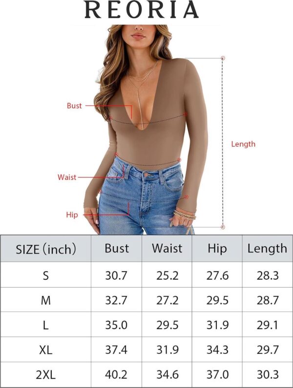 REORIA Women's Sexy Plunge Deep V Neck Long Sleeve Bodysuit Double Lined Going Out T Shirt Tops - Image 6