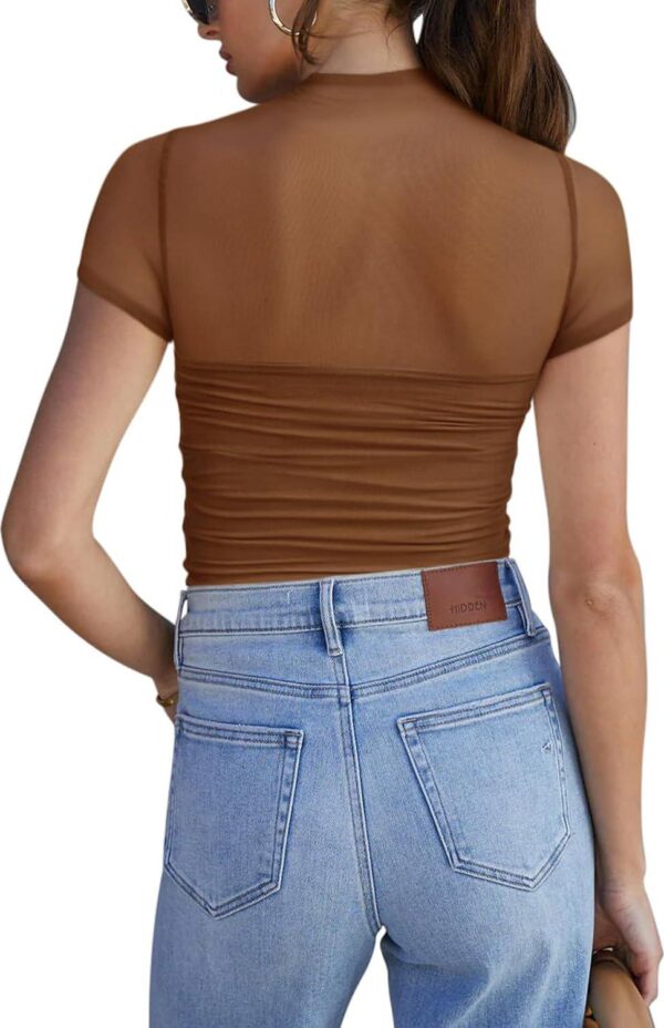REORIA Women's Sexy Mock Turtle Neck Short Sleeve Shirts Sheer Mesh Ruched Trendy Going Out Bodysuits Tops - Image 2