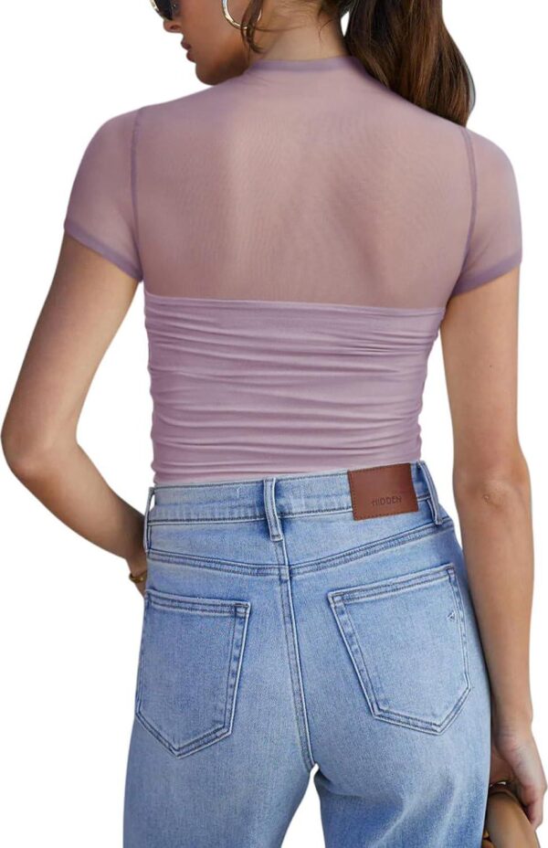 REORIA Women's Sexy Mock Turtle Neck Short Sleeve Shirts Sheer Mesh Ruched Trendy Going Out Bodysuits Tops - Image 2