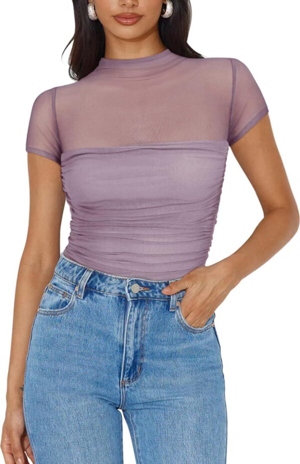 REORIA Women's Sexy Mock Turtle Neck Short Sleeve Shirts Sheer Mesh Ruched Trendy Going Out Bodysuits Tops - Image 4