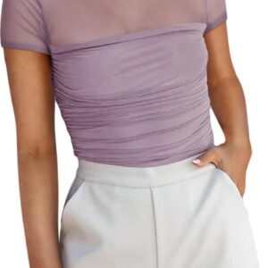 REORIA Women's Sexy Mock Turtle Neck Short Sleeve Shirts Sheer Mesh Ruched Trendy Going Out Bodysuits Tops