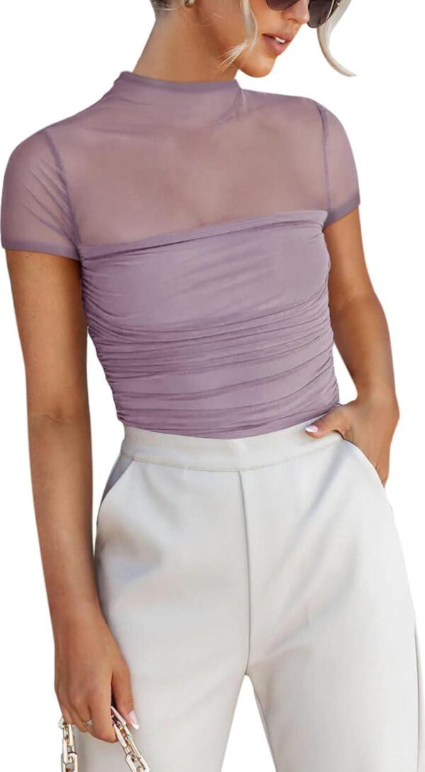 REORIA Women's Sexy Mock Turtle Neck Short Sleeve Shirts Sheer Mesh Ruched Trendy Going Out Bodysuits Tops