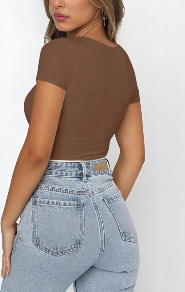 REORIA Womens Sexy Square Neck Double Lined Shirt Stretchy Short Sleeve Going Out Thong Bodysuit Tops - Image 3