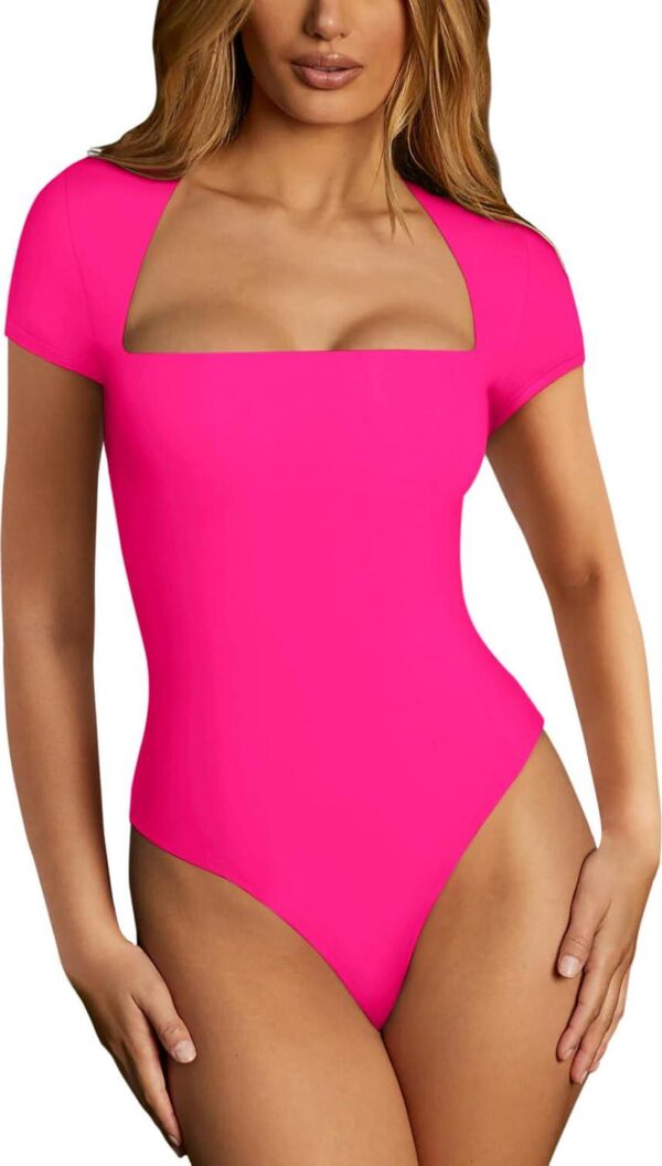 REORIA Womens Sexy Square Neck Double Lined Shirt Stretchy Short Sleeve Going Out Thong Bodysuit Tops - Image 5