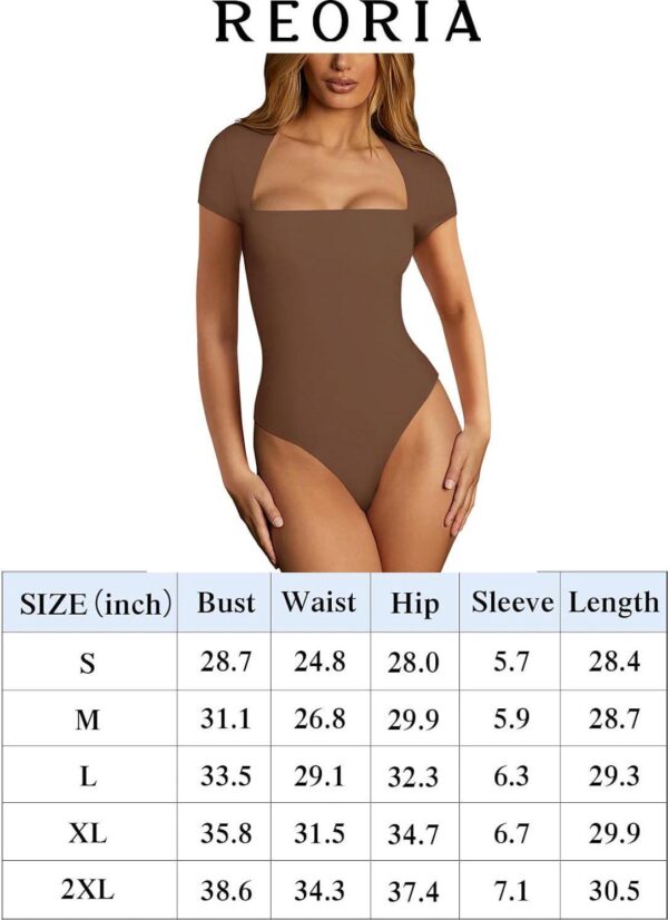 REORIA Womens Sexy Square Neck Double Lined Shirt Stretchy Short Sleeve Going Out Thong Bodysuit Tops - Image 6