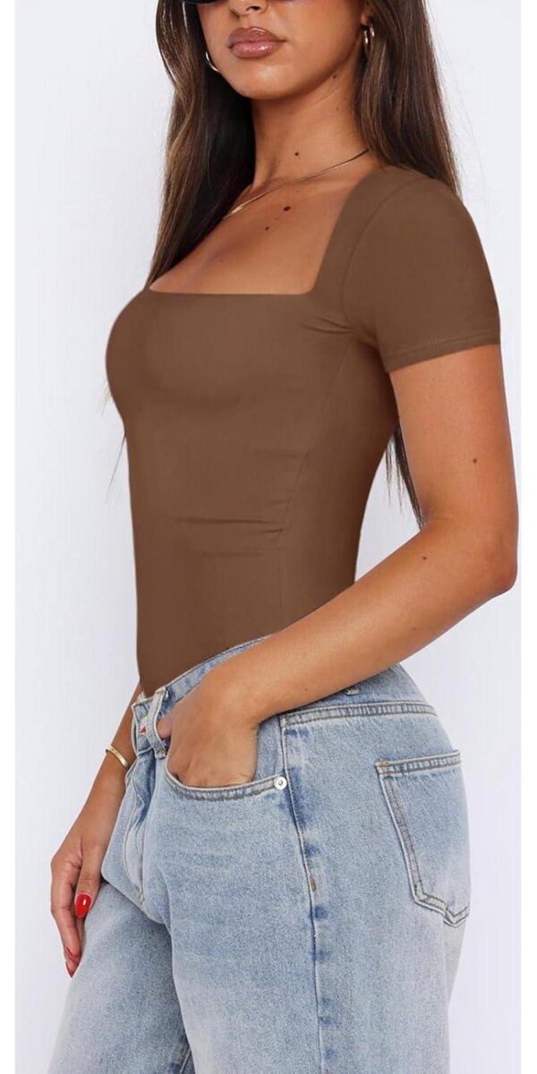 REORIA Womens Sexy Square Neck Double Lined Shirt Stretchy Short Sleeve Going Out Thong Bodysuit Tops - Image 2