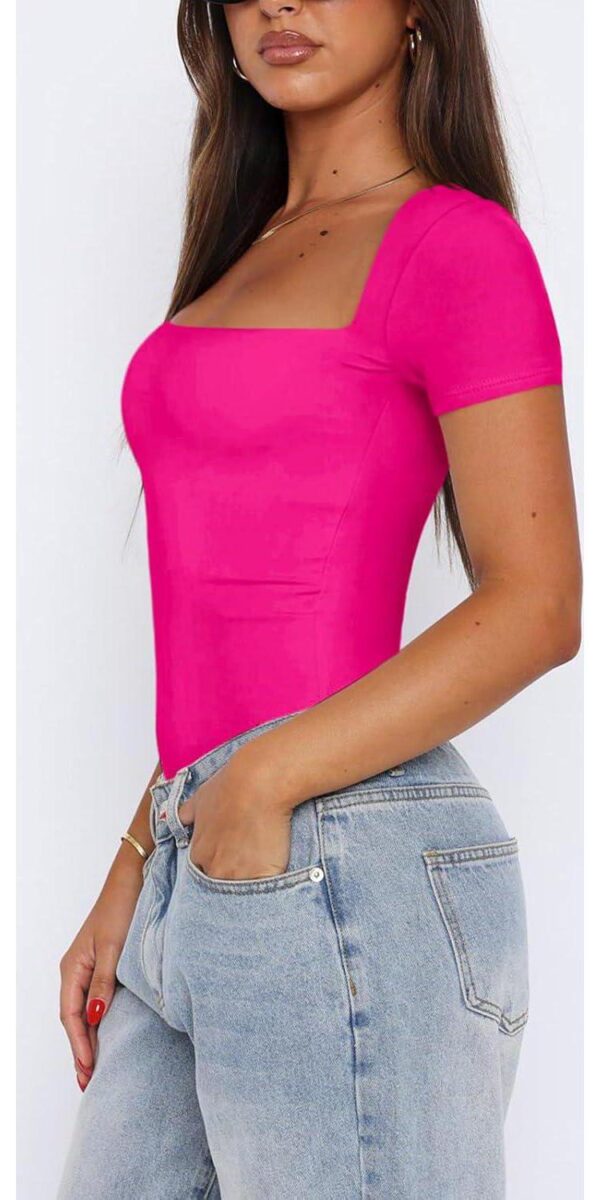 REORIA Womens Sexy Square Neck Double Lined Shirt Stretchy Short Sleeve Going Out Thong Bodysuit Tops - Image 2