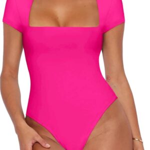 REORIA Womens Sexy Square Neck Double Lined Shirt Stretchy Short Sleeve Going Out Thong Bodysuit Tops