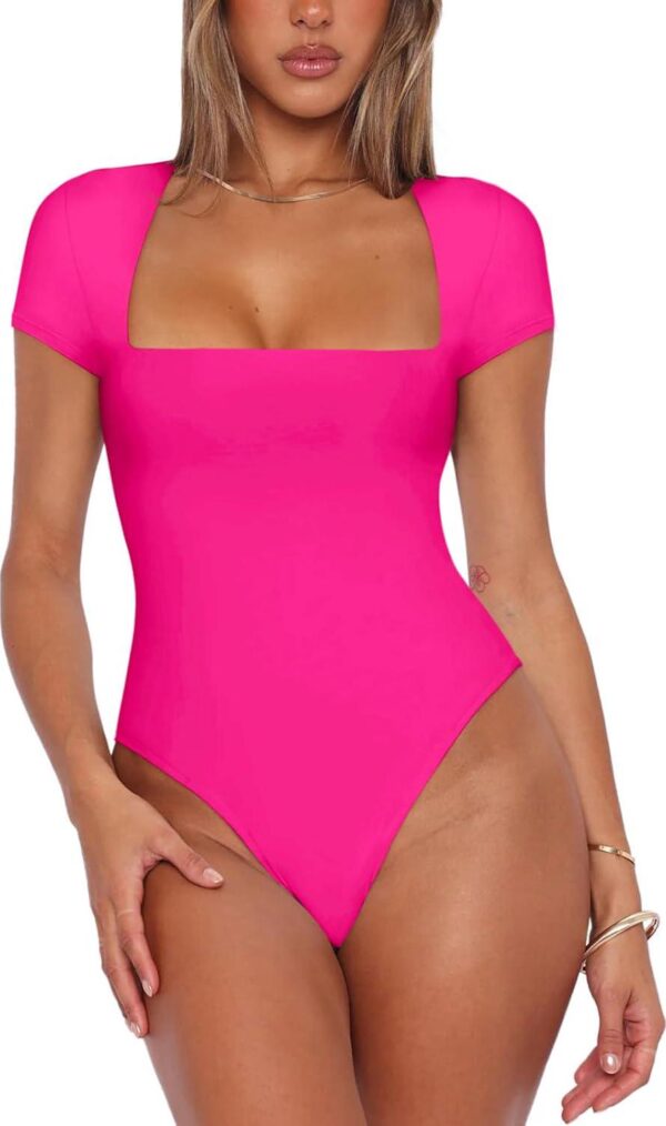 REORIA Womens Sexy Square Neck Double Lined Shirt Stretchy Short Sleeve Going Out Thong Bodysuit Tops