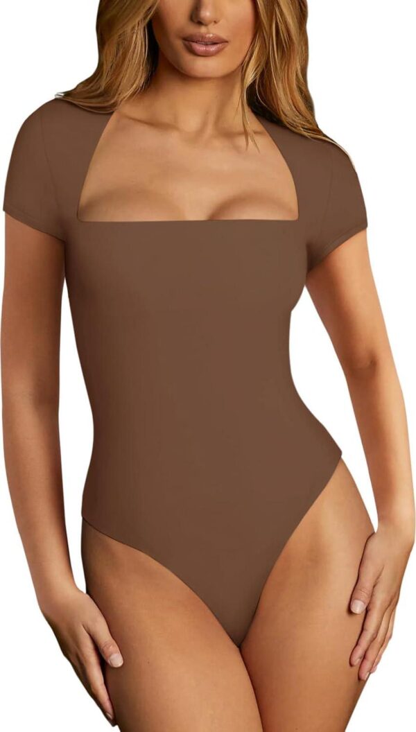 REORIA Womens Sexy Square Neck Double Lined Shirt Stretchy Short Sleeve Going Out Thong Bodysuit Tops - Image 5