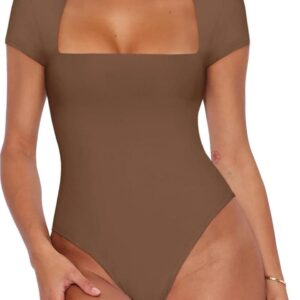 REORIA Womens Sexy Square Neck Double Lined Shirt Stretchy Short Sleeve Going Out Thong Bodysuit Tops