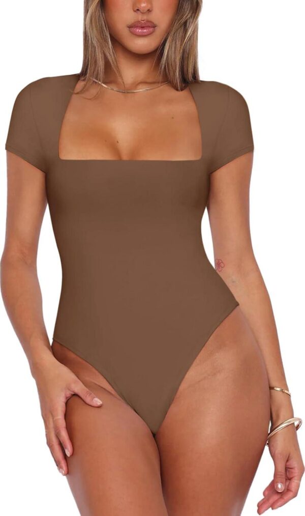 REORIA Womens Sexy Square Neck Double Lined Shirt Stretchy Short Sleeve Going Out Thong Bodysuit Tops