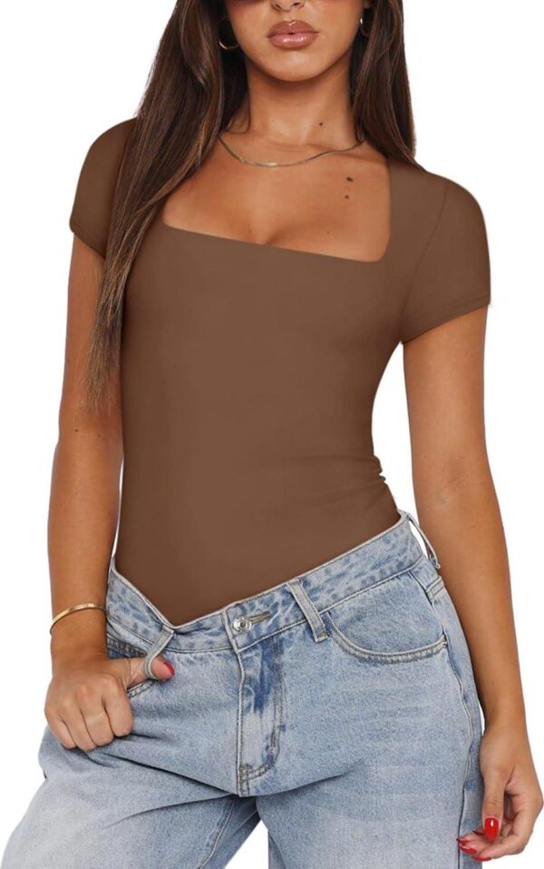 REORIA Womens Sexy Square Neck Double Lined Shirt Stretchy Short Sleeve Going Out Thong Bodysuit Tops - Image 4