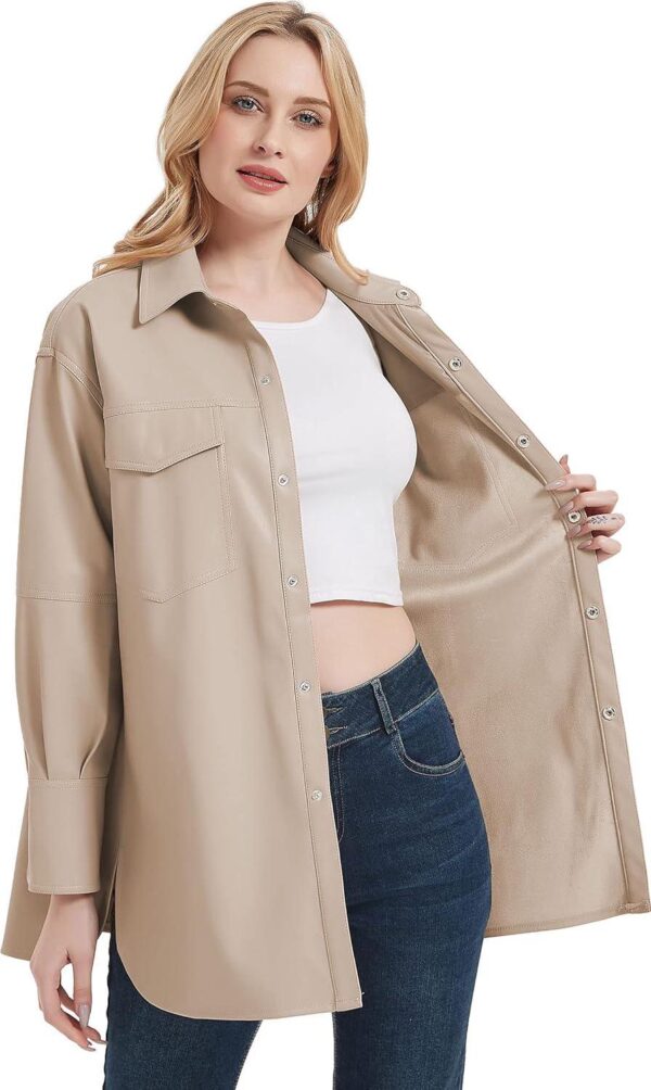 RISISSIDA Women Faux Leather Blazer Jackets/Shacket for Spring and Fall Fashion, Vegan Leather Button Down Coats - Image 3