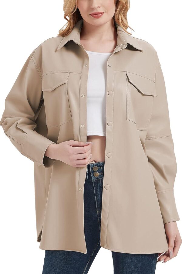RISISSIDA Women Faux Leather Blazer Jackets/Shacket for Spring and Fall Fashion, Vegan Leather Button Down Coats
