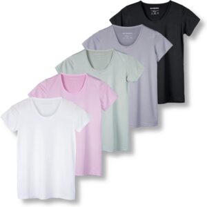 Real Essentials 5 Pack: Women's Dry Fit Tech Stretch Short-Sleeve Crew Neck Athletic T-Shirt (Available in Plus Size)