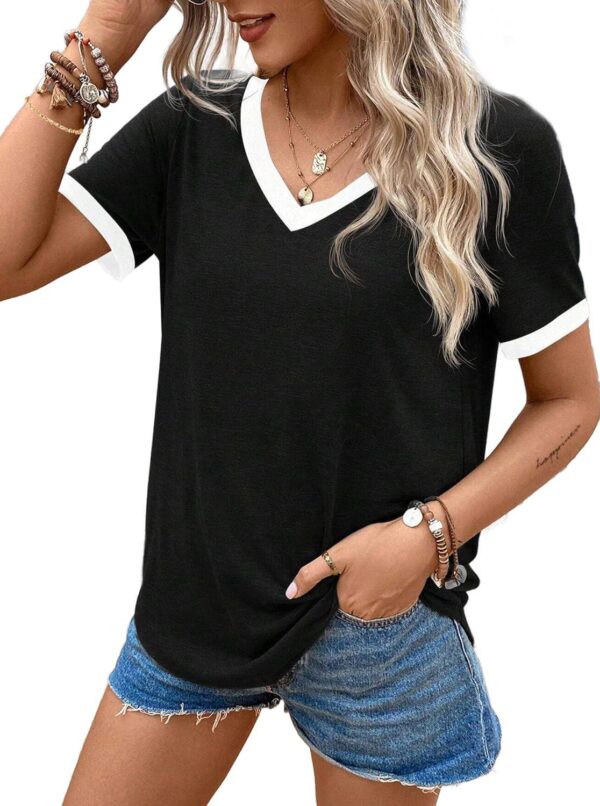 Remidoo Womens Crew Neck Tops Contrast Binding Short Sleeve T Shirt Summer Tee - Image 3