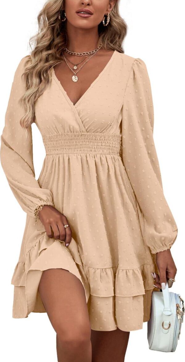 Rooscier Women's Wrap V Neck Swing Ruffle Swiss Dots Long Sleeve Mini Dress - Image 3