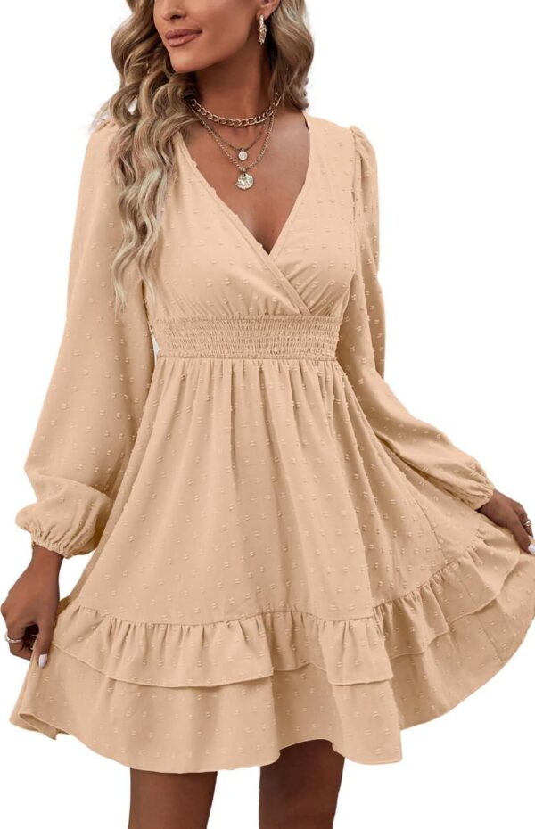 Rooscier Women's Wrap V Neck Swing Ruffle Swiss Dots Long Sleeve Mini Dress - Image 5
