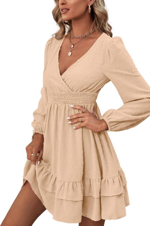 Rooscier Women's Wrap V Neck Swing Ruffle Swiss Dots Long Sleeve Mini Dress - Image 4