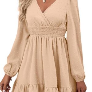Rooscier Women's Wrap V Neck Swing Ruffle Swiss Dots Long Sleeve Mini Dress