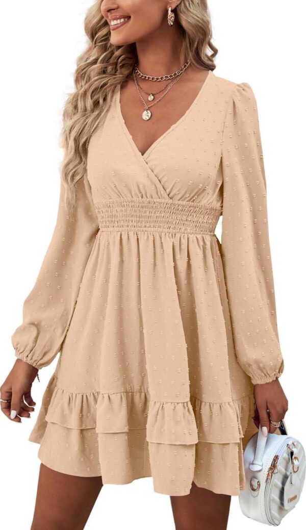 Rooscier Women's Wrap V Neck Swing Ruffle Swiss Dots Long Sleeve Mini Dress