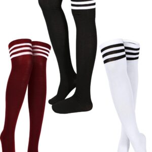 SATINIOR 3 Pairs Knee High Socks Thigh High Socks Triple Stripe over the Knee Socks Long Opaque Thigh High Stockings