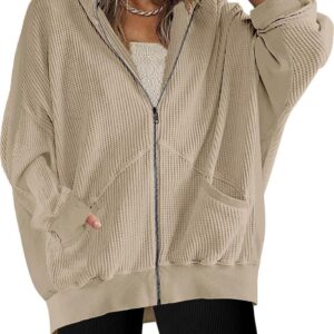 SAUKOLE Womens Fashion Zip Up Hoodies Oversized Waffle Knit Jacket Shirts Long Sleeve Solid Shacket Blouse with Pockets