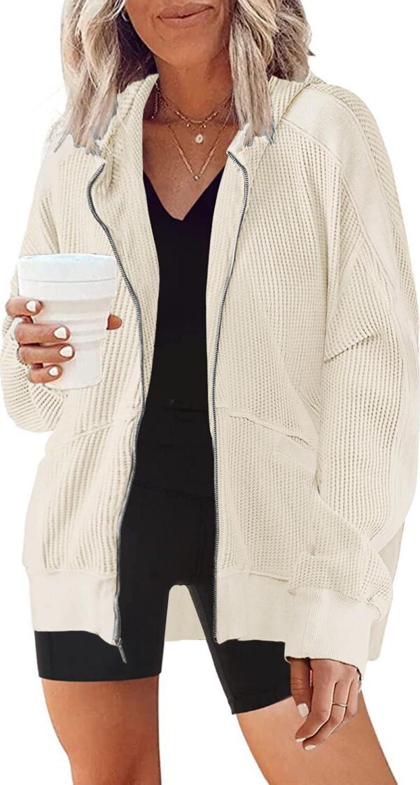 SAUKOLE Womens Fashion Zip Up Hoodies Oversized Waffle Knit Jacket Shirts Long Sleeve Solid Shacket Blouse with Pockets - Image 2