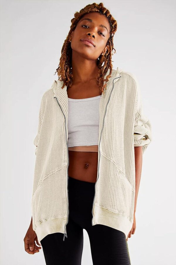 SAUKOLE Womens Fashion Zip Up Hoodies Oversized Waffle Knit Jacket Shirts Long Sleeve Solid Shacket Blouse with Pockets - Image 4
