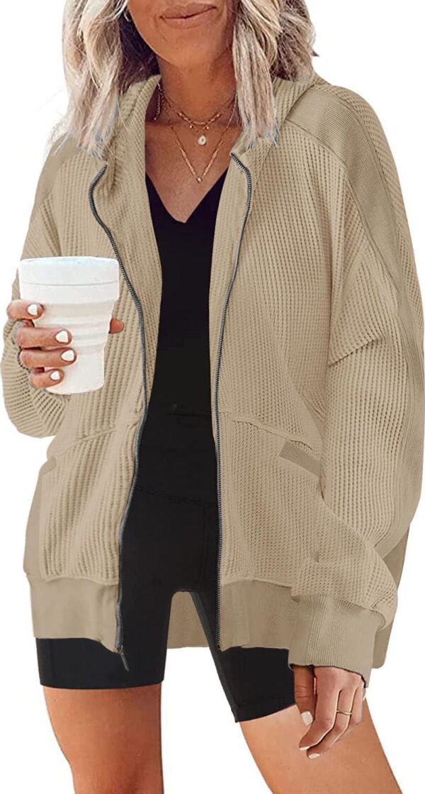 SAUKOLE Womens Fashion Zip Up Hoodies Oversized Waffle Knit Jacket Shirts Long Sleeve Solid Shacket Blouse with Pockets - Image 2