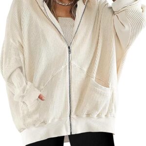 SAUKOLE Womens Fashion Zip Up Hoodies Oversized Waffle Knit Jacket Shirts Long Sleeve Solid Shacket Blouse with Pockets