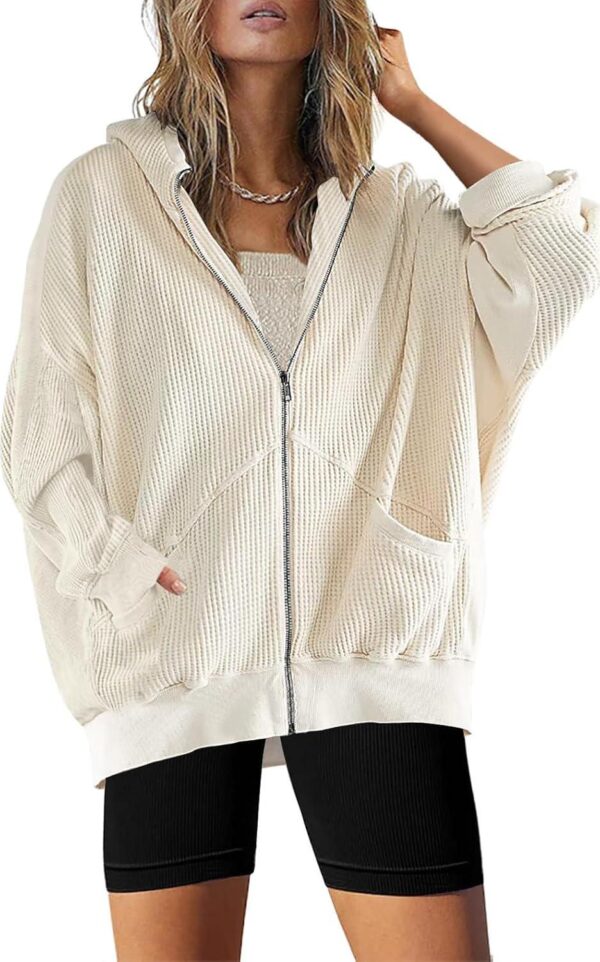 SAUKOLE Womens Fashion Zip Up Hoodies Oversized Waffle Knit Jacket Shirts Long Sleeve Solid Shacket Blouse with Pockets