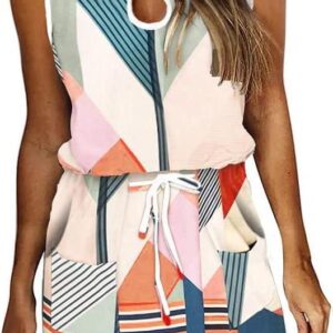 SAUKOLE Womens Summer Causal Loose Sleeveless Crew Neck Drawstring Waist Mini Short Dress with Pockets