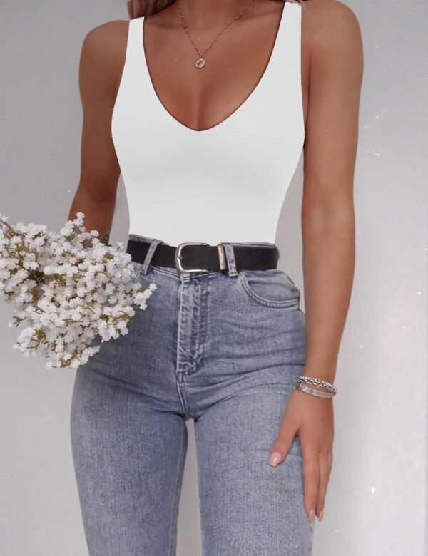 SAUNGKUAI Women s Bodysuit Sexy Plunge Deep V Neck Backless Sleeveless Tank Thong Body Suits Outfits for Going Out - Image 4