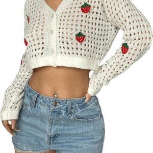 SHENHE Women's Hollow Out Button Down V Neck Knit Cropped Strawberry Cardigan Sweater